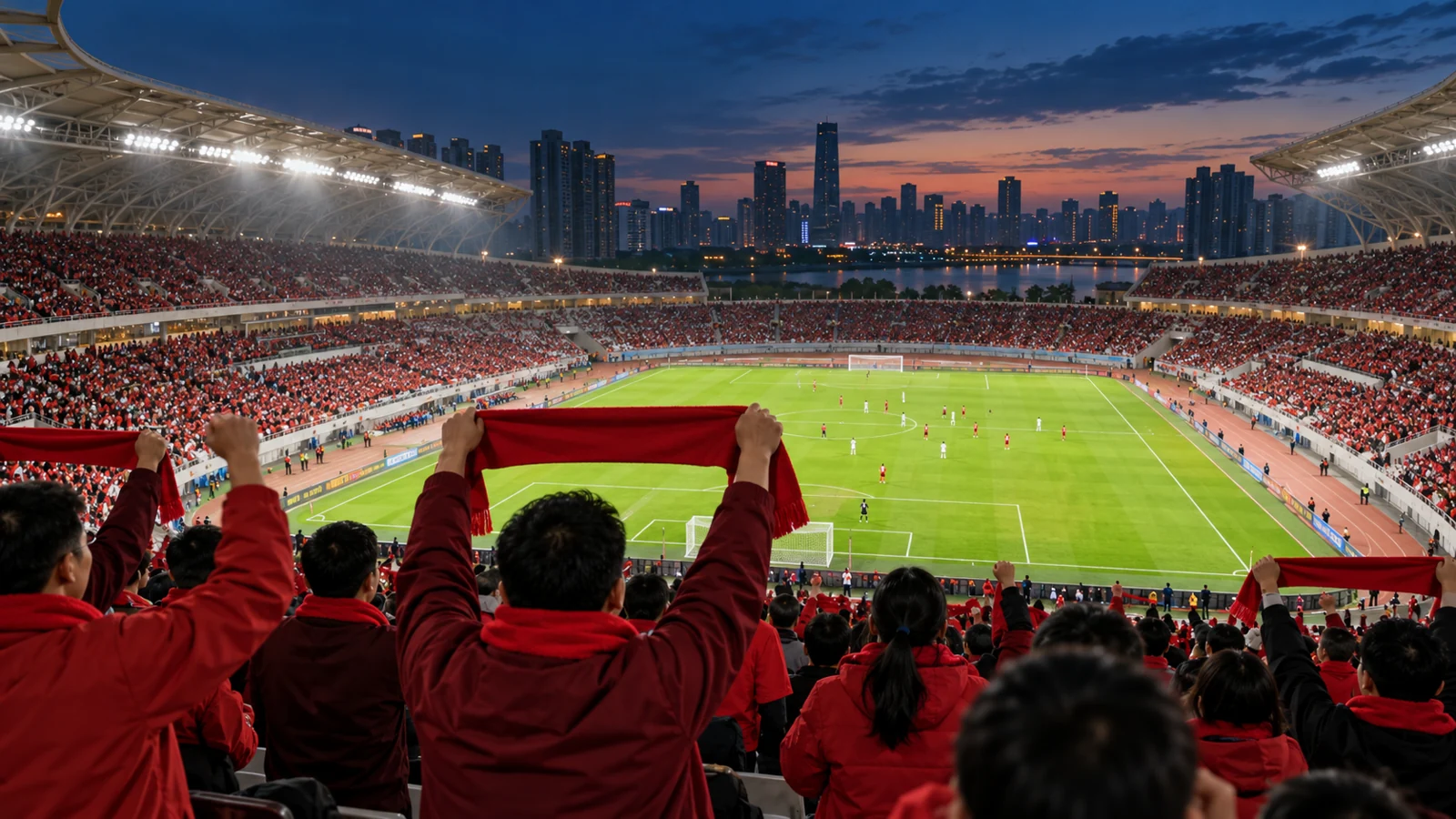 赤い服の観客が地元サッカーを応援する架空の会場。AI生成イメージ。